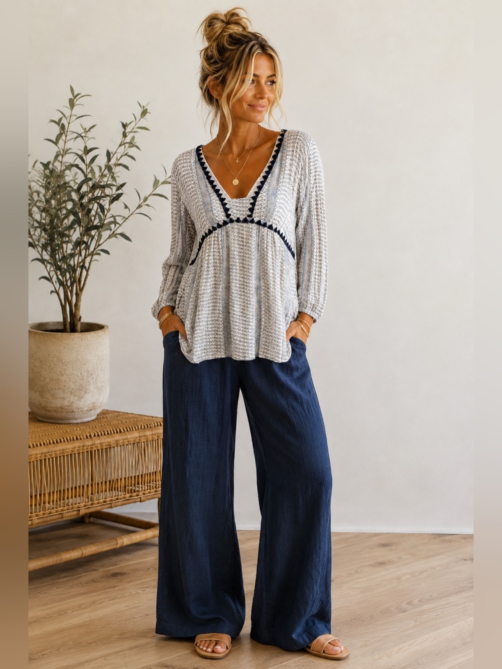 Anthropologie Floreat Blue & Ivory Linen Top with Contrast Trim Navy